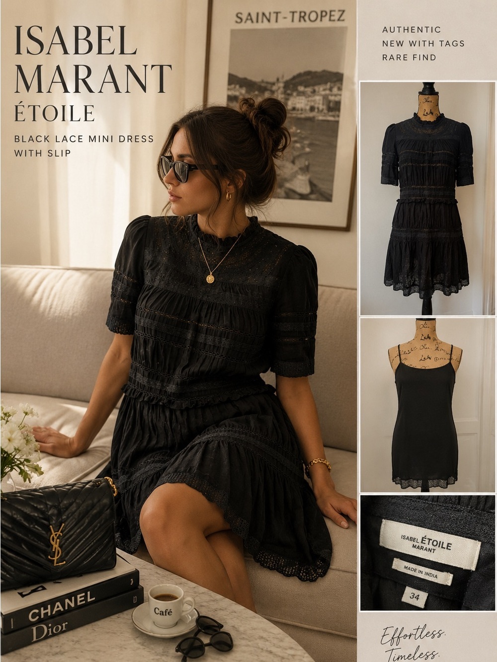 Isabel Marant Étoile Black Lace Cotton Blend Mini Dress w/ Slip FR 34 XS